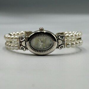 Geneva Watch Women Silver Tone Faux Pearl Cuff Band New Battery 6.5 Inch